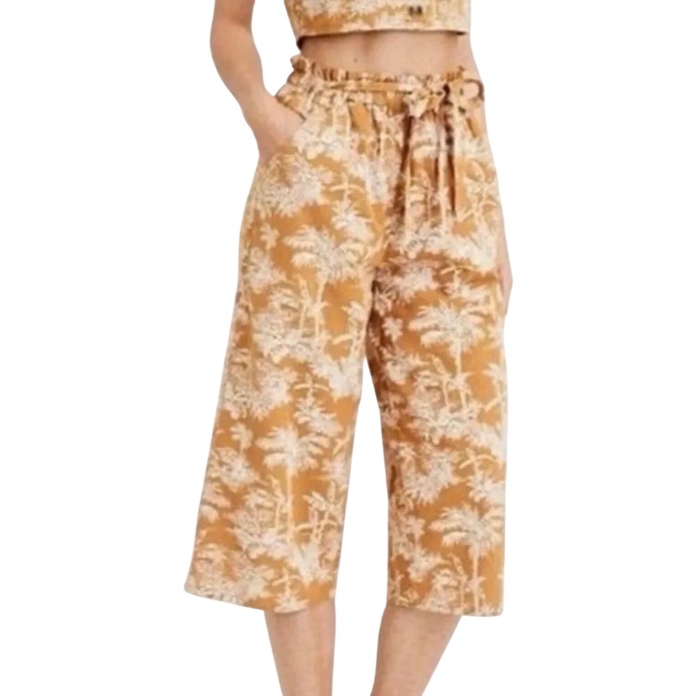 NEW American Eagle Yellow Tropical Palm Toile Paperbag Wide Leg Culotte Pants XS